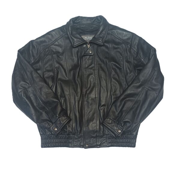 Vintage 90s Wilson Heavy Black Leather Motorcycle Jacket Mens Size Large - Picture 1 of 12